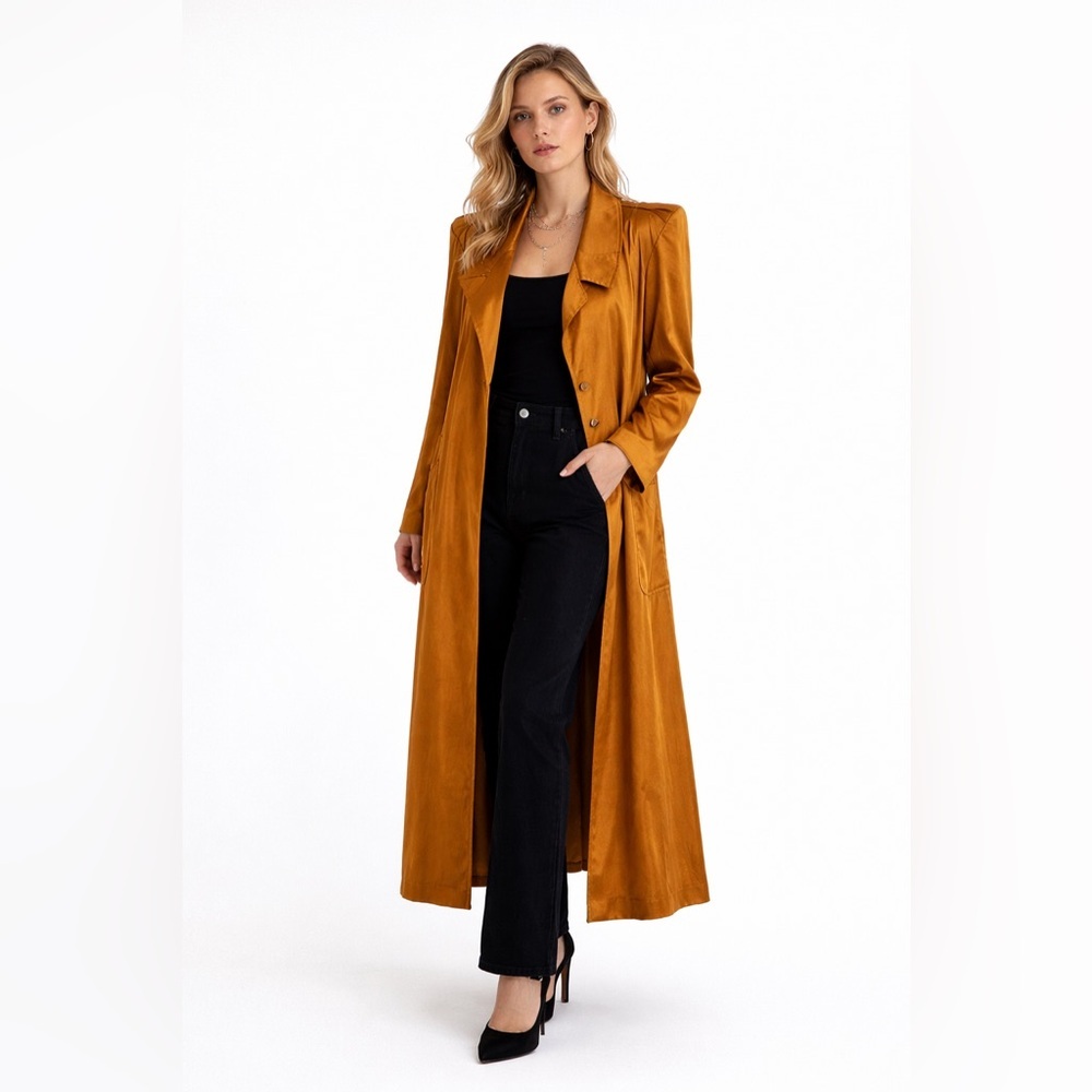 🇨🇦 Vintage 80s Angela Bucaro Silk Duster Trench Oversized Draped Caramel Bronze